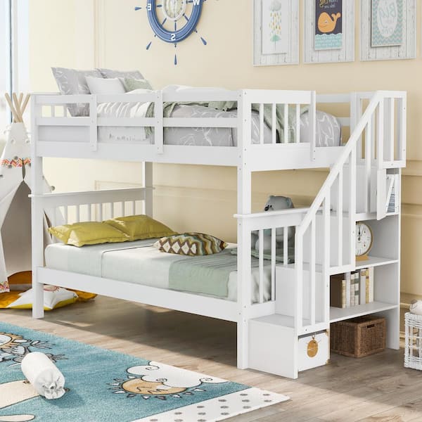 Harper & Bright Designs White Twin Over Twin Wood Bunk Bed with Staircase and Full- Length Guard Rail