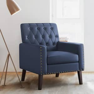 Navy Blue Faux Leather Walnut Legs Mid Century Modern Button Tufted Accent Chair