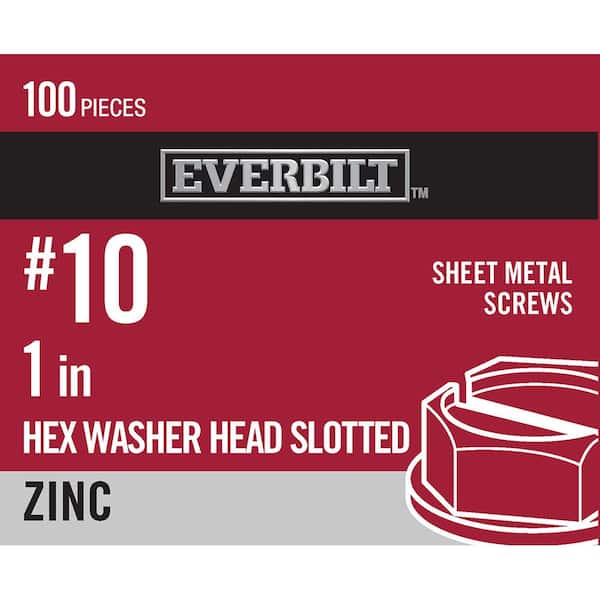 Everbilt #10 x 1 in. Slotted Hex Head Zinc Plated Sheet Metal Screw (100-Pack)