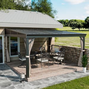 12 ft. x 14 ft. Wall-Mounted Hardtop Gazebo with Aluminum Frame, Galvanized Steel Roof, Sunroom, Curtains, and Netting