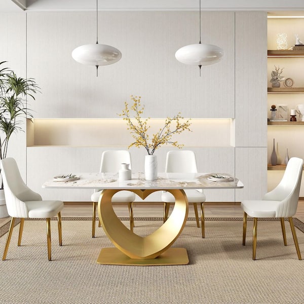 Magic Home 70.8 in. Pandora Rectangle Round Edge Sintered Stone Top Pedestal Pandora Gold Metal Base Dining Table (Seats-8)