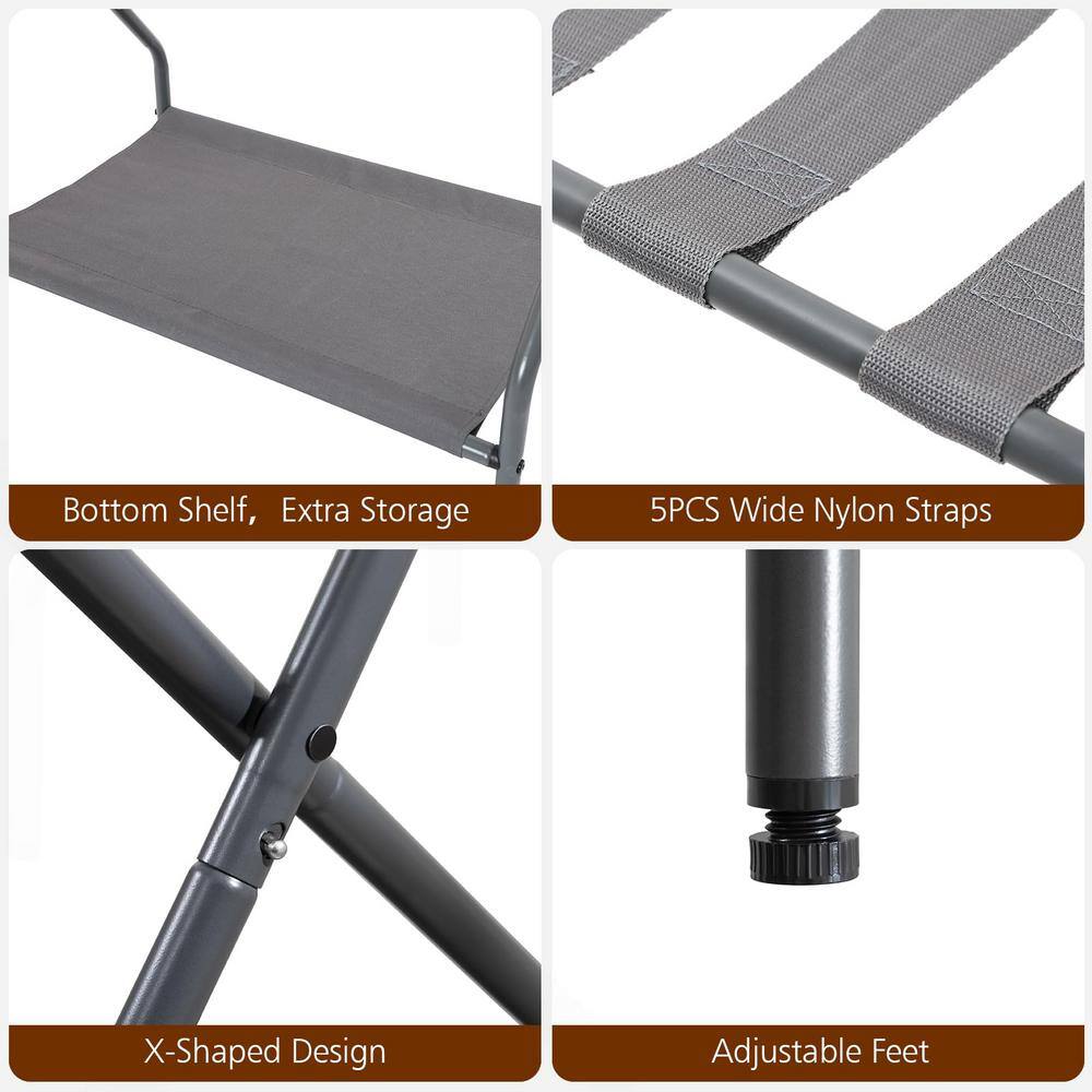 Gray Foldable Metal Luggage Rack with Storage Shelf, Set of 2