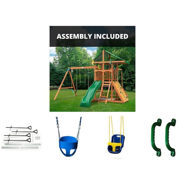 Kids Wooden Playground Set with Monkey Bars, Slide, Sandbox, Swing Set, Infant Swings, Safety Handles (2-Set)