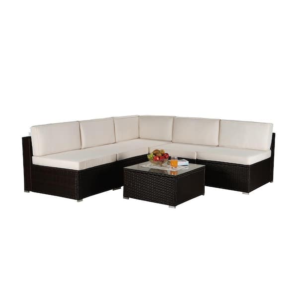 URTR 6-Piece PE Wicker Rattan Patio Conversation Set Outdoor Sectional Sofa Set with Table for Yard, Poolside, Beige Cushion
