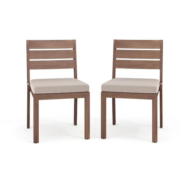Bedford Brown Brushed Woodgrain Stackable Aluminum Outdoor Dining Chair in Cream, Set of 2