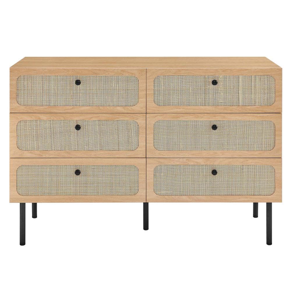 Chaucer Oak and Rattan 6-Drawer Compact Dresser with Adjustable Feet
