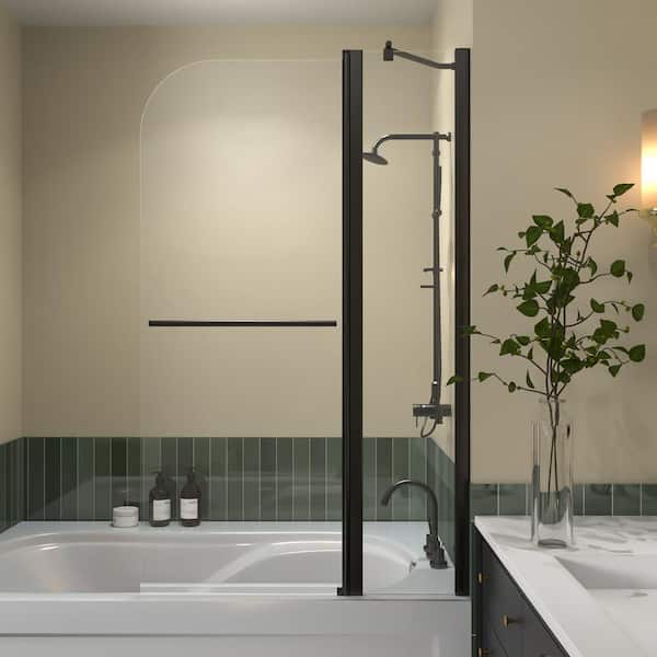 MEDUNJESS 36 in. W x 58 in. H Pivot Semi-Frameless Bathtub Door in Matte Black with Clear Glass