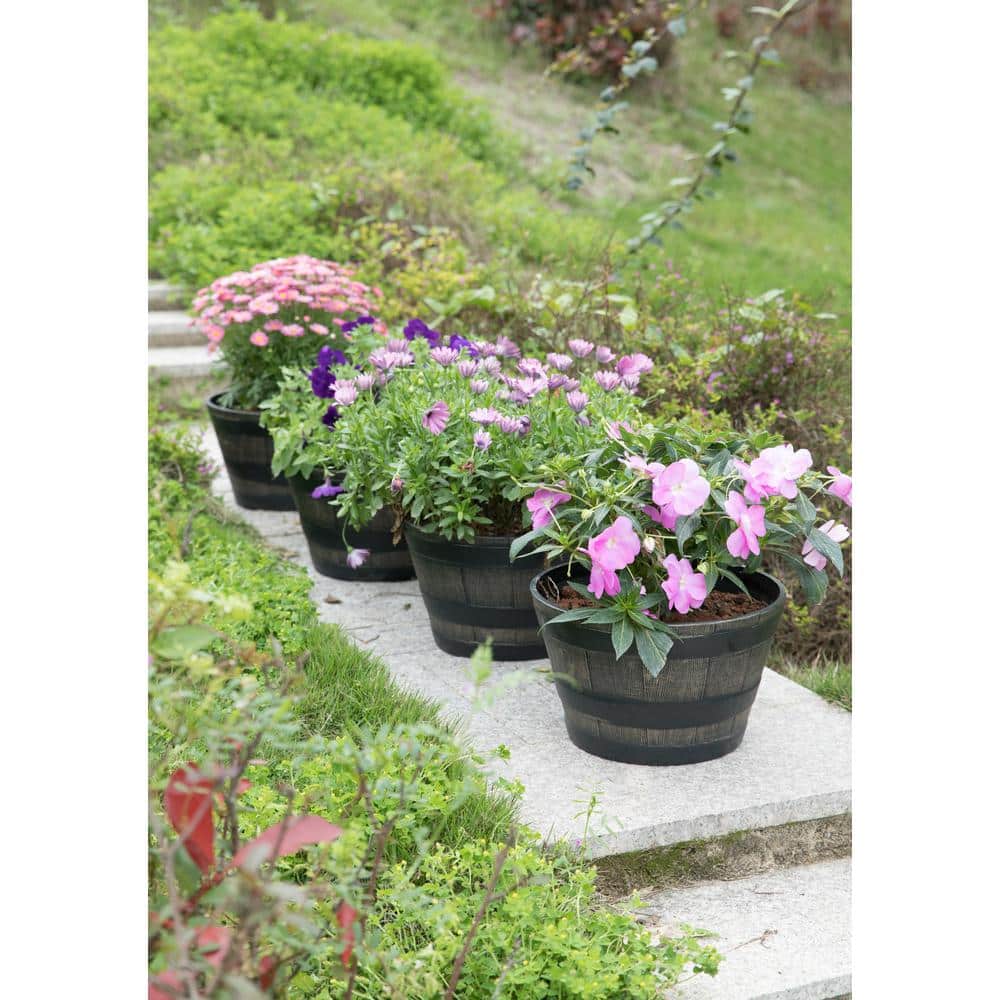 Gardenised Rustic Wood- Look Plastic Half Barrel Flower Pot Bucket Planter, Pack of 4