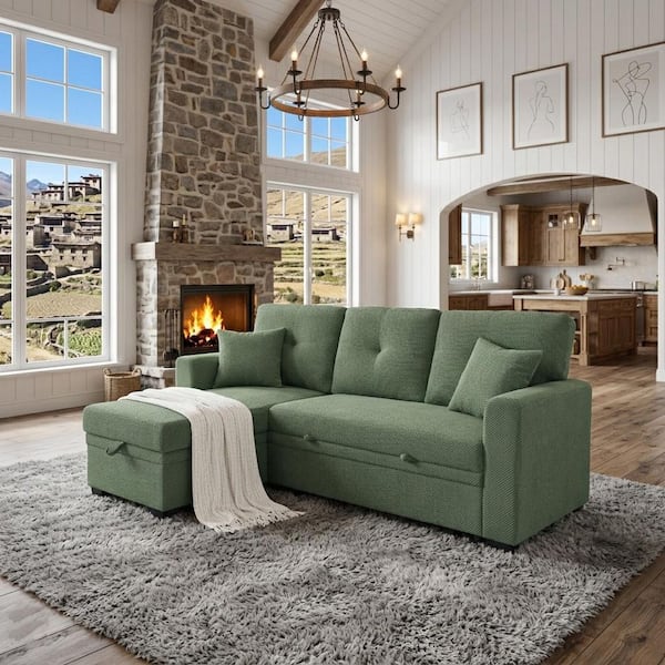 Mary 71 in. Fabric Upholstered L-Shaped Storage Sectional Sofa in Dark Green with Pull-Out Bed, Reversible Chaise
