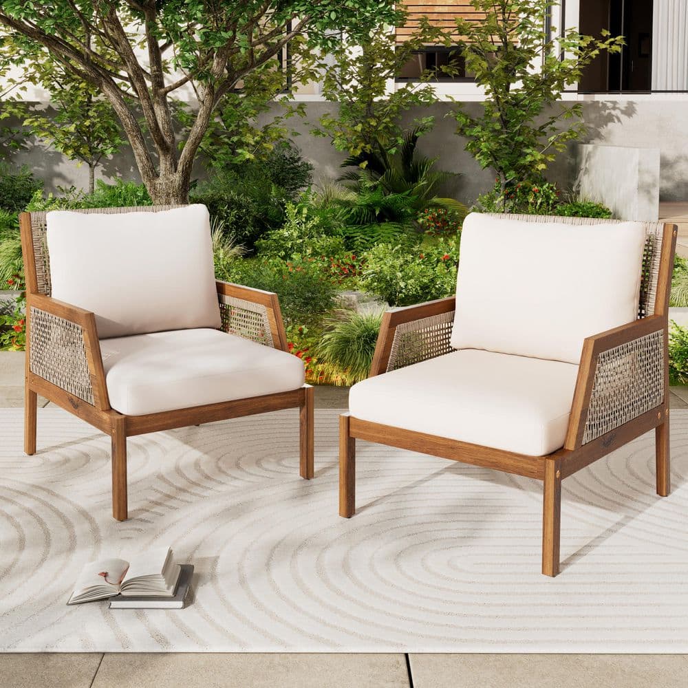 Slate PE Wicker and Acacia Wood Outdoor Patio Lounge Chair w/ Cream Cushions, Mixed Brown Plus Teak Set of 2