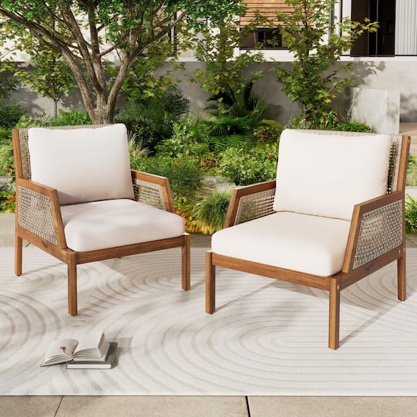 CHRISTOPHER KNIGHT HOME Slate PE Wicker and Acacia Wood Outdoor Patio Lounge Chair w/ Cream Cushions, Mixed Brown Plus Teak Set of 2