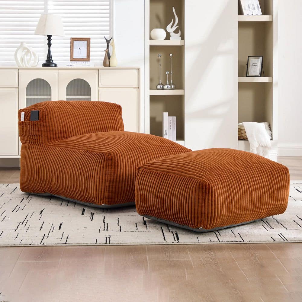 25.98 in. Modern Orange Corduroy Big Bean Bag Lounger Sofa Chair With Ottoman And Side Pocket price history on PriceWatchPro