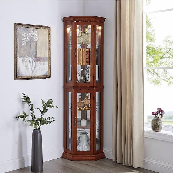 Unbranded Cherry 5-Tier Lit Corner Curio Cabinet with Adjustable Tempered Glass Shelves and Mirrored Back