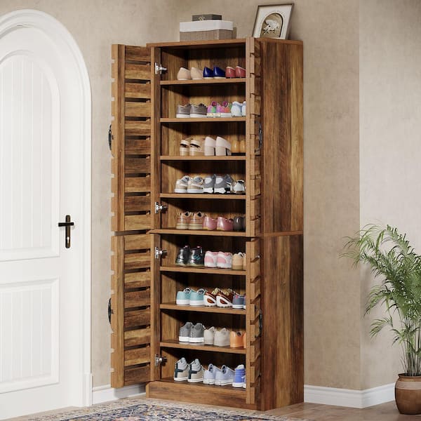 Lauren 70.86 in. H Rustic Brown 9-Tier Tall Shoe Storage Cabinet with 4 Doors and Adjustable Shelves for Closet