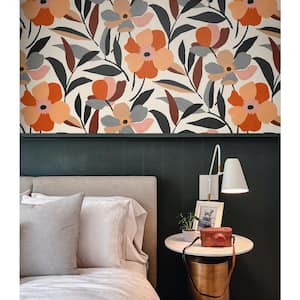 Orange and Ebony Garden Block Floral Vinyl Peel and Stick Wallpaper Roll (30.75 sq. ft.)