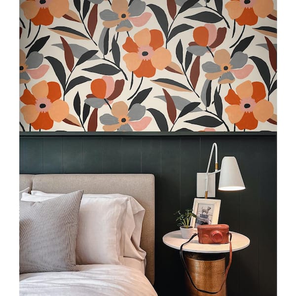 Orange and Ebony Garden Block Floral Vinyl Peel and Stick Wallpaper Roll (30.75 sq. ft.)