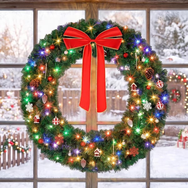 Karl home 48 in. Green PreLit Artificial Christmas Wreath with Bow