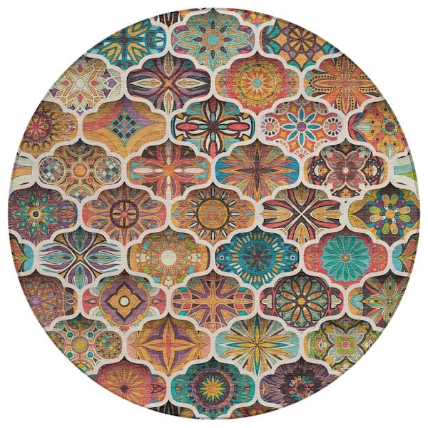 Chantille Machine Washable Indoor/Outdoor Abstract ACN2878 Coral 8 ft. x 8 ft. Round Rug