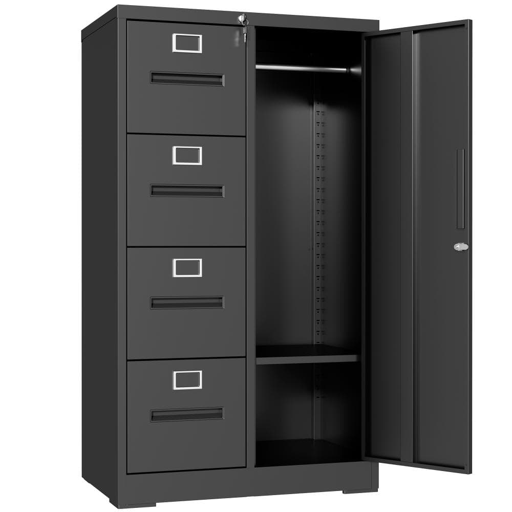 4-Drawer Black Metal 30 in. W Vertical File Cabinet Lockable Storage Cabinet with 1 Door for School, Office