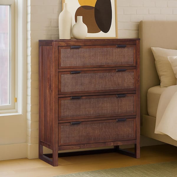 Hatteras Walnut 30 in. W Wood Dresser with 4 Drawers, Solid Pine Wood Frame & Deep Storage, Anti-Tip Kit Included