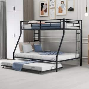 Black Twin Over Full Bunk Bed with Trundle, Metal Bunk Bed Frame with 2-Side Ladders, No Spring Box Needed