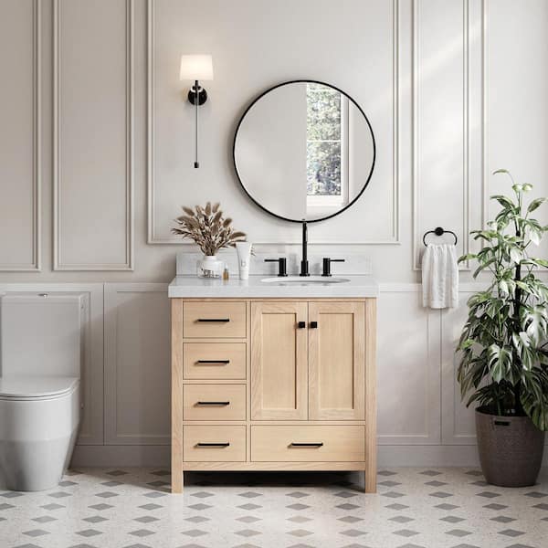 ARIEL Cambridge 36 in. W x 22 in. D x 36.5 in. H Single Freestanding Bath Vanity in Oak with Italian Carrara Marble Top