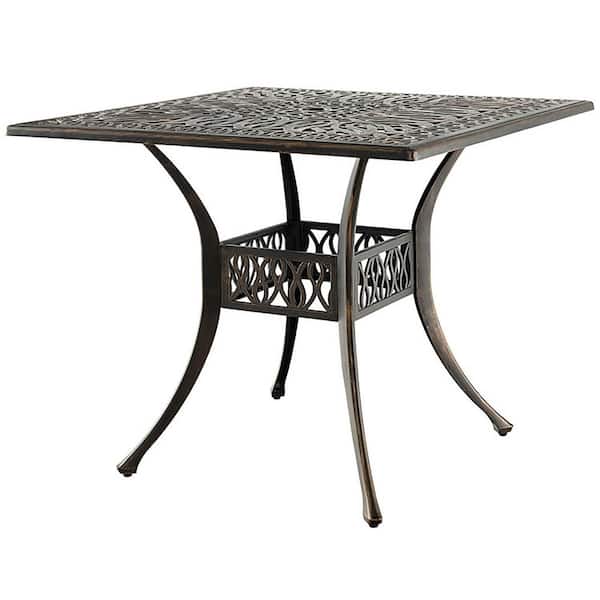 35.4 in. Aluminum Patio Square Dining Table with Umbrella Hole-Bronze