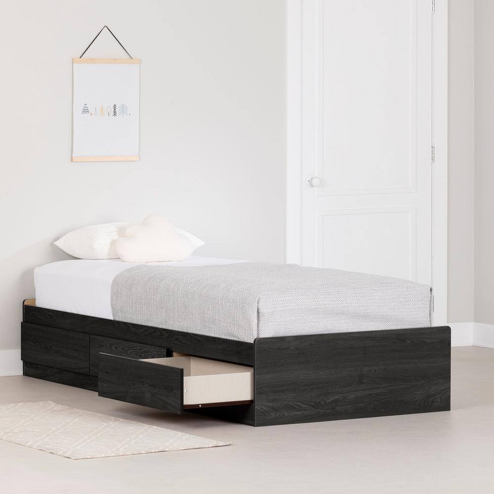 Gray Oak Twin Platform Bed with 3 Storage Drawers