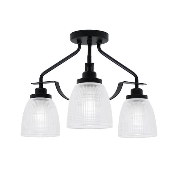 Unbranded Zara 15.5 in. 3-Light Matte Black Semi-Flush with 5 in. Clear Ribbed Glass Shades No Bulbs Included