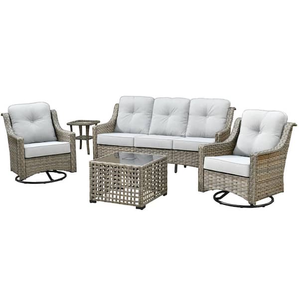 Denver 5-Piece Wicker Outdoor Furniture Patio Conversation Sofa Set with Swivel Rocking Chairs and Light Grey Cushions