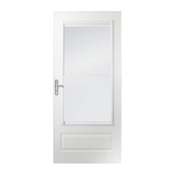 Photo 1 of 34 in. x 80 in. 400 Series White Universal Self-Storing Aluminum Storm Door with Nickel Hardware