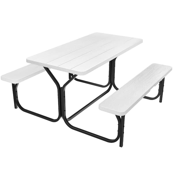 DEXTRUS 4.5 ft. White Rectangular Steel Frame Outdoor Picnic Table Bench with Weather Resistant Resin Tabletop and Stable