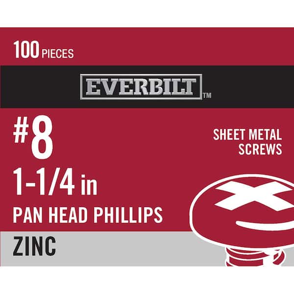 Everbilt #8 x 1-1/4 in. Zinc Plated Phillips Pan Head Sheet Metal Screw (100-Pack)