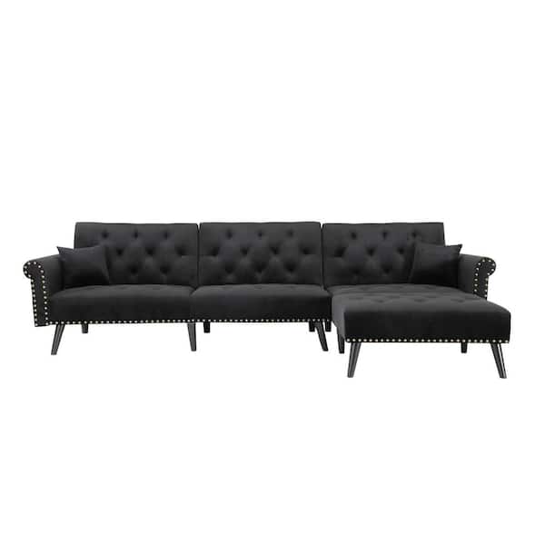 FORCLOVER 115 In. Black Velvet 4-Seat Convertible Twin Sleeper Sofa Bed with Metal Nails