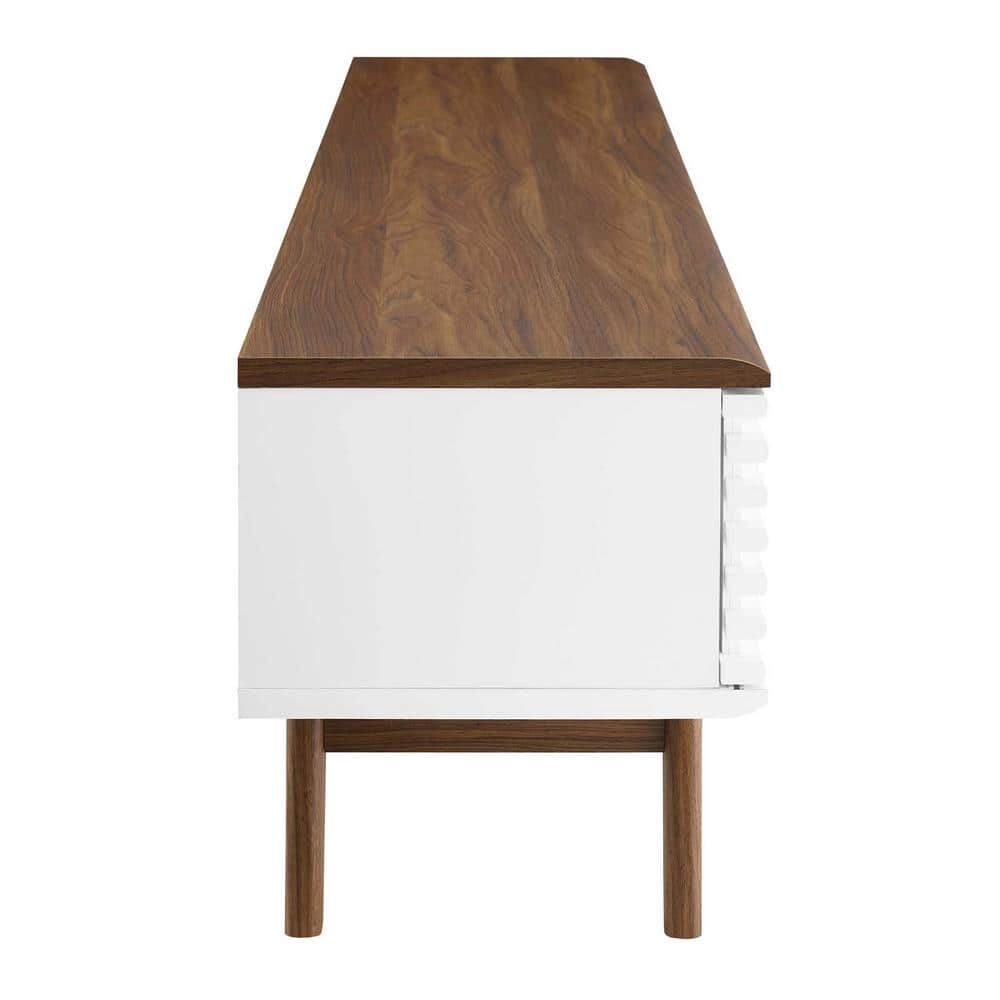 Walnut and White Mid-Century Modern 70" TV Stand with Sliding Doors