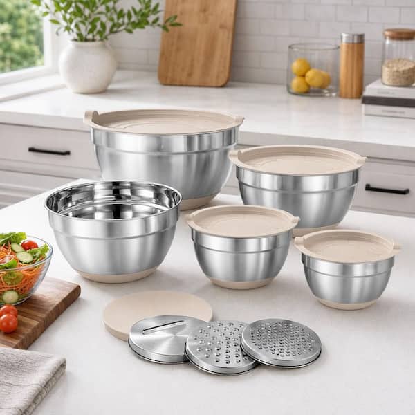 Numhew Chef Essential 8-Piece Stainless Steel Khaki Mixing Bowl