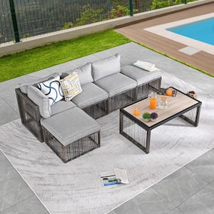 6-Piece Wicker Patio Conversation Sectional Seating Set with Gray Cushions
