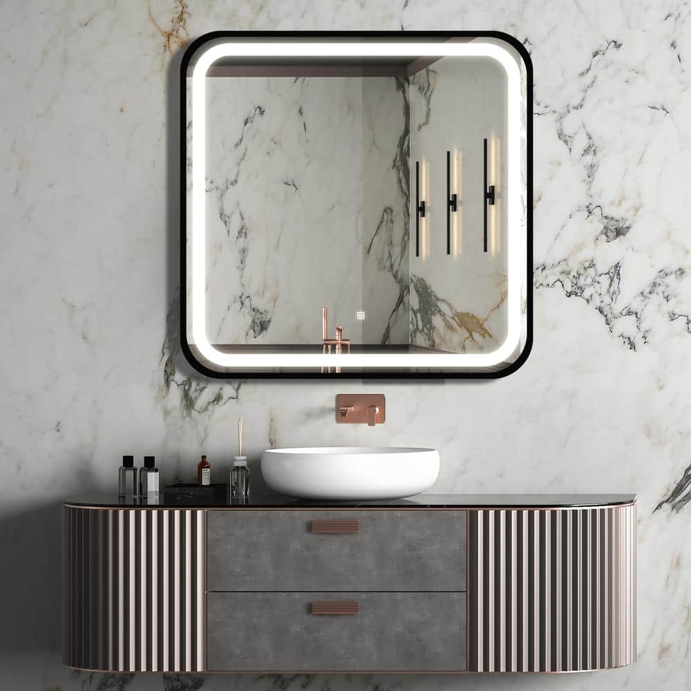 32 in. W x 32 in. H Sq. Framed Wall Mount Bathroom Vanity Mirror in Black H