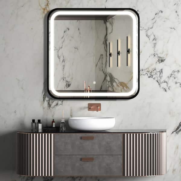 Unbranded 32 in. W x 32 in. H Sq. Framed Wall Mount Bathroom Vanity Mirror in Black High Lumen Dimmable Touch Switch Control
