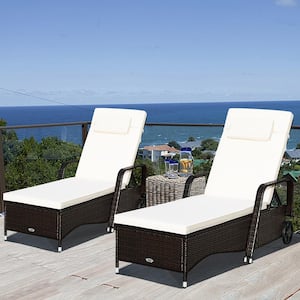 2-Pieces Wicker Outdoor Chaise Lounge Chair with Wheel Adjustable Backrest with White Cushions