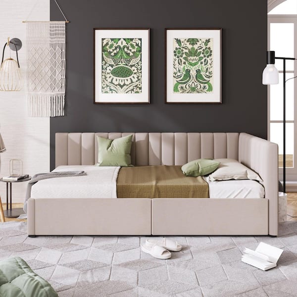 Veta Beige Twin Size Linen Upholstered Daybed with 2 Storage Drawers