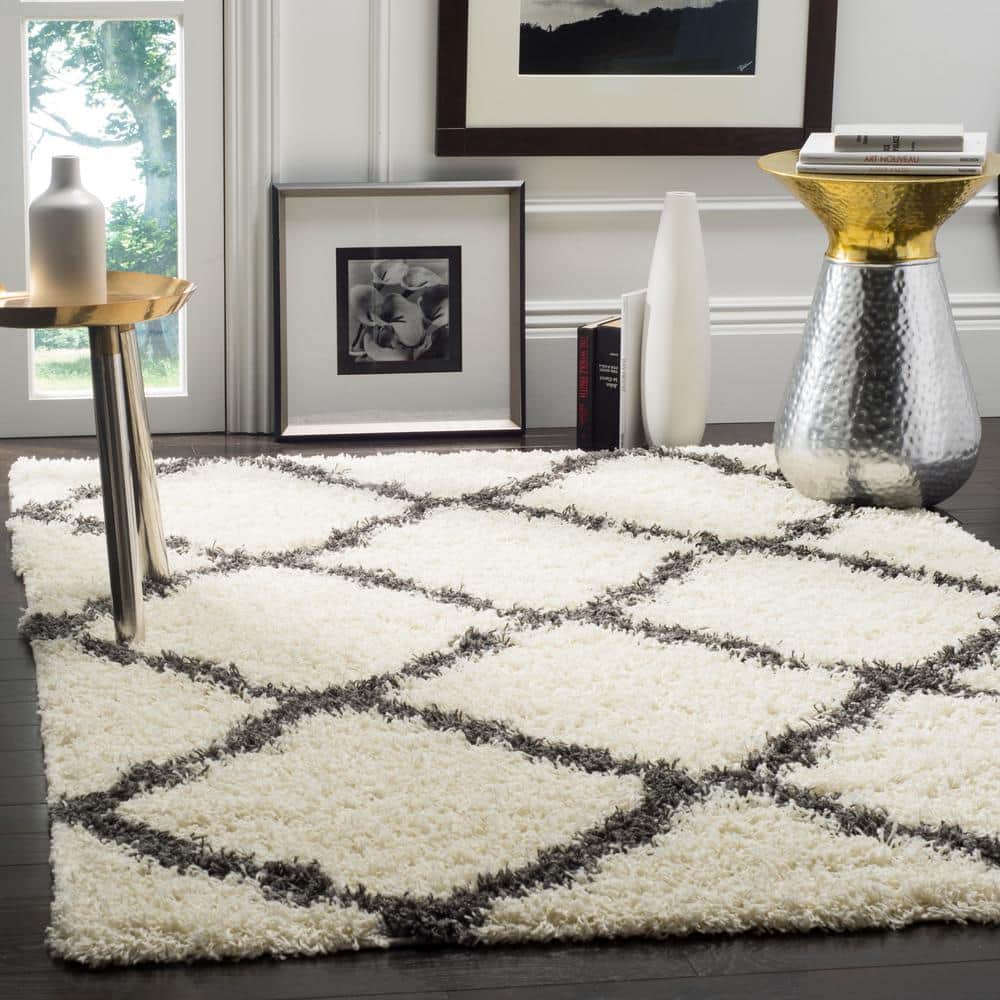 Ivory & Dark Grey Geometric Shag Square Rug, Easy Care Synthetic 6'x6'