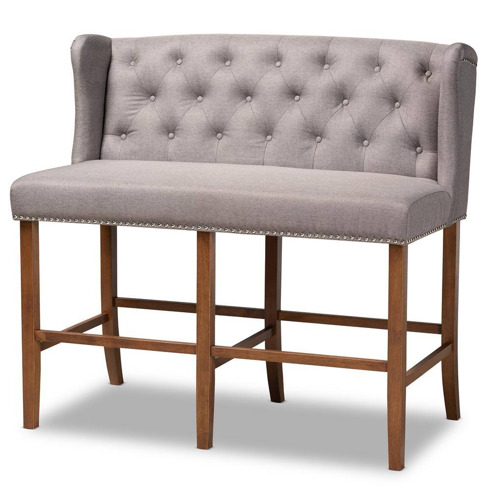 Gray Fabric Upholstered Walnut Wood Button Tufted Bar Stool Bench
