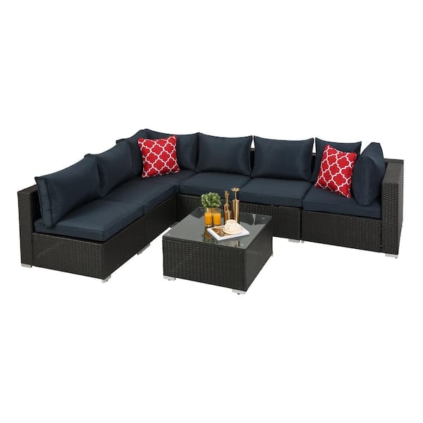 Sireck 7-Piece Wicker Outdoor Sectional Set Sofa Dark Coffee with Dark Blue Cushions