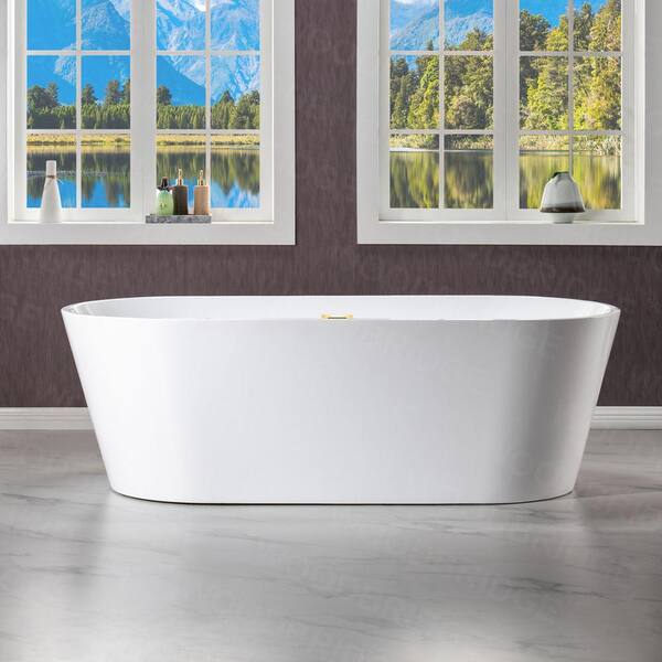 Teaneck 71 in. Acrylic FlatBottom Double Ended Bathtub with Brushed Gold Overflow and Drain Included in White