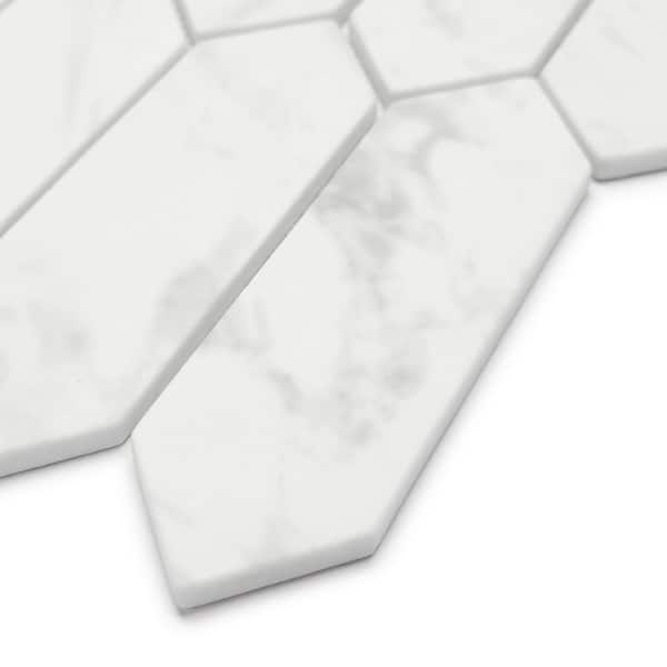 White Calacatta Picket 9.5in.x10.9in.Long Hexagon Recycled Glass Marble Looks Floor and Wall Mosaic Tile,7.21sq.ft./Case