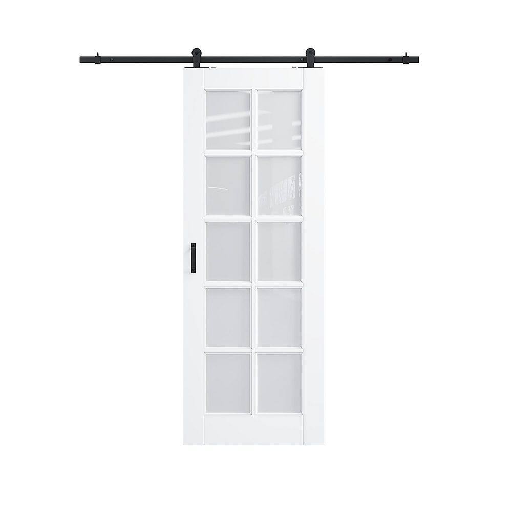 28 in. x 80 in. 10 Lite Frosted Glass White Primed MDF Top Mount Sliding Barn Door with Hardware Kit (T Shape Hanger) price history on PriceWatchPro