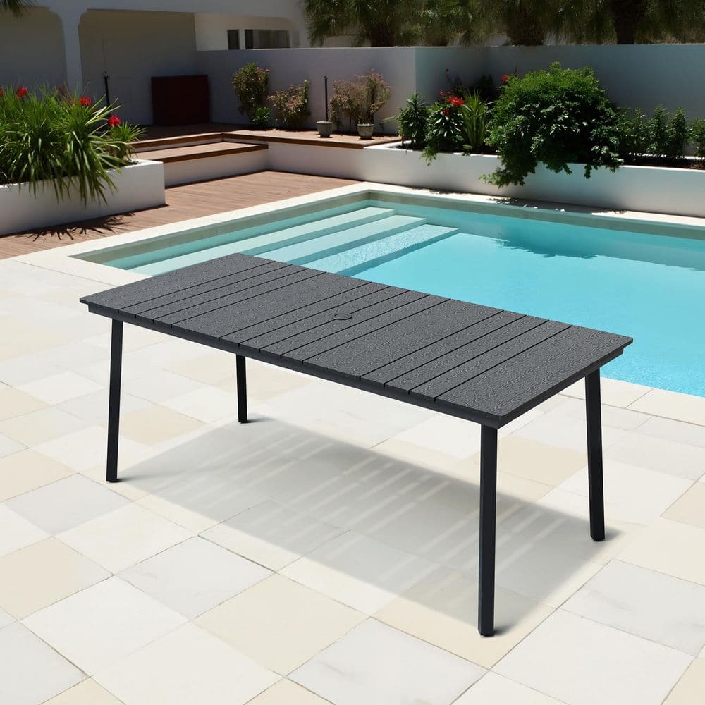 70.7 in. Rectangle Outdoor Dining Table with Umbrella Hole and Wood-Like Tabletop in Black