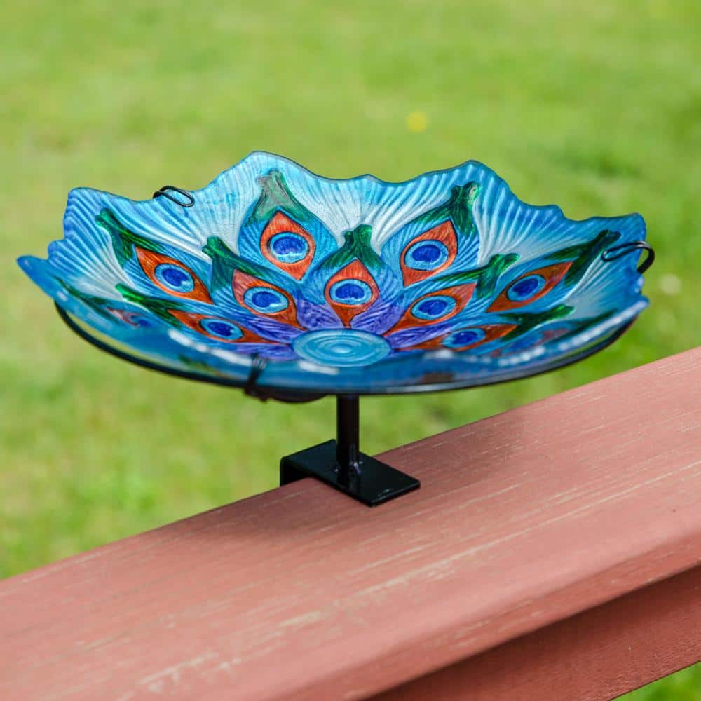 Turquoise Glass Bird Bath with Stand and Deck Clamp