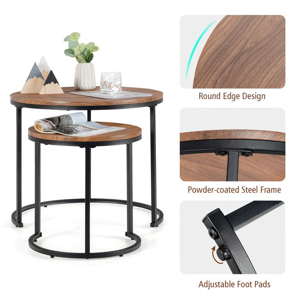 Vintage Walnut Round Nesting Coffee Table Set with Steel Frame